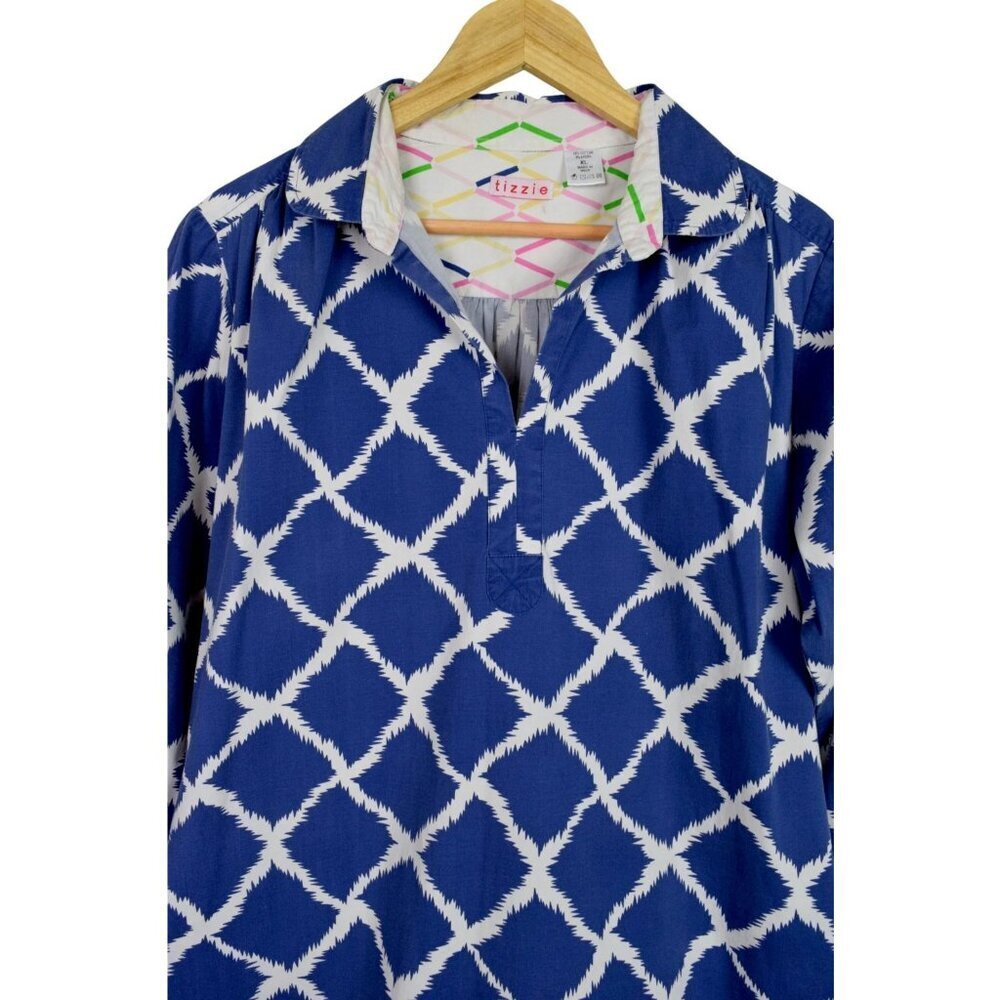 TIZZIE NAVY WHITE CONTRAST PATTERN V-NECK COLLARED SHIRT DRESS - Picture 2 of 7